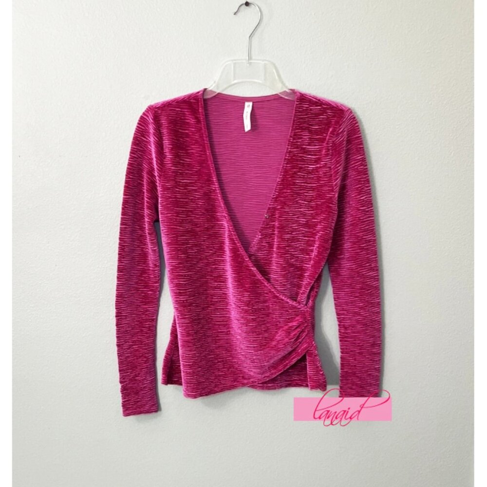 NEW ACOS&A Dolan Fuchsia Hot Pink Velvet Velour Knit V-Neck Ruched Surplice Wrap